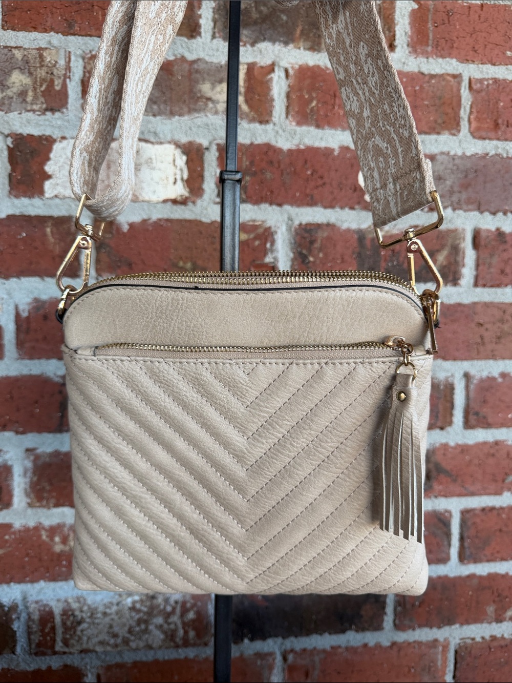 Beige Quilted Crossbody Bag with Tassel